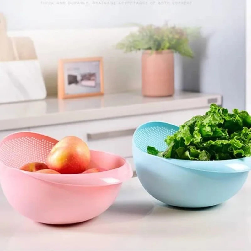 Multifunctional Rice Washer & Strainer Bowl - Green/Pink
