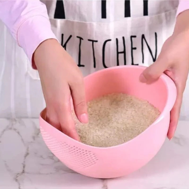 Multifunctional Rice Washer & Strainer Bowl - Green/Pink